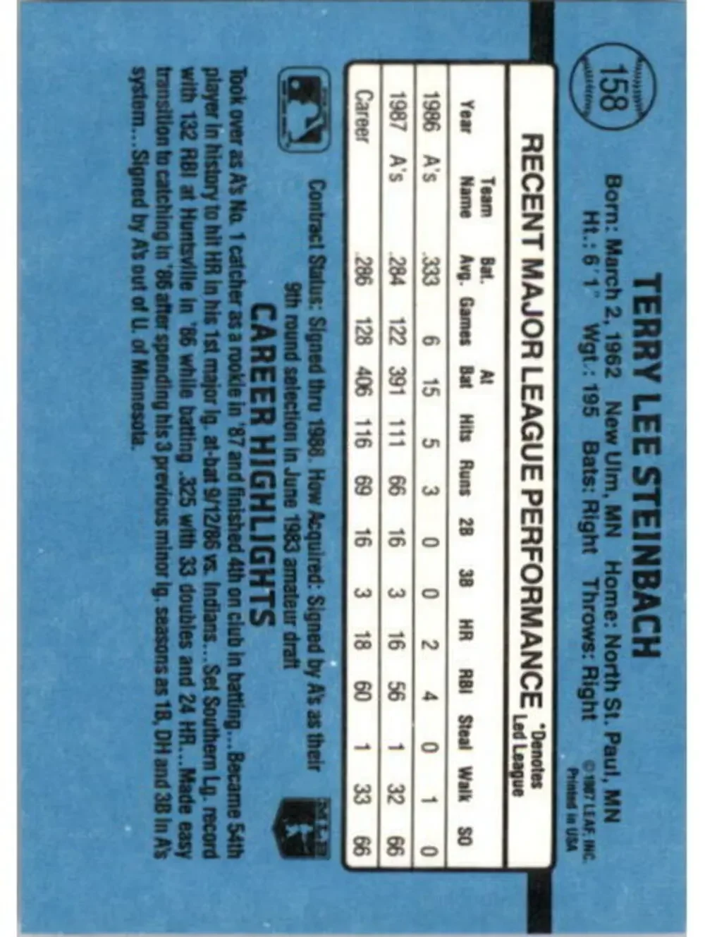 1988 Terry Steinbach Donruss Baseball Card #158